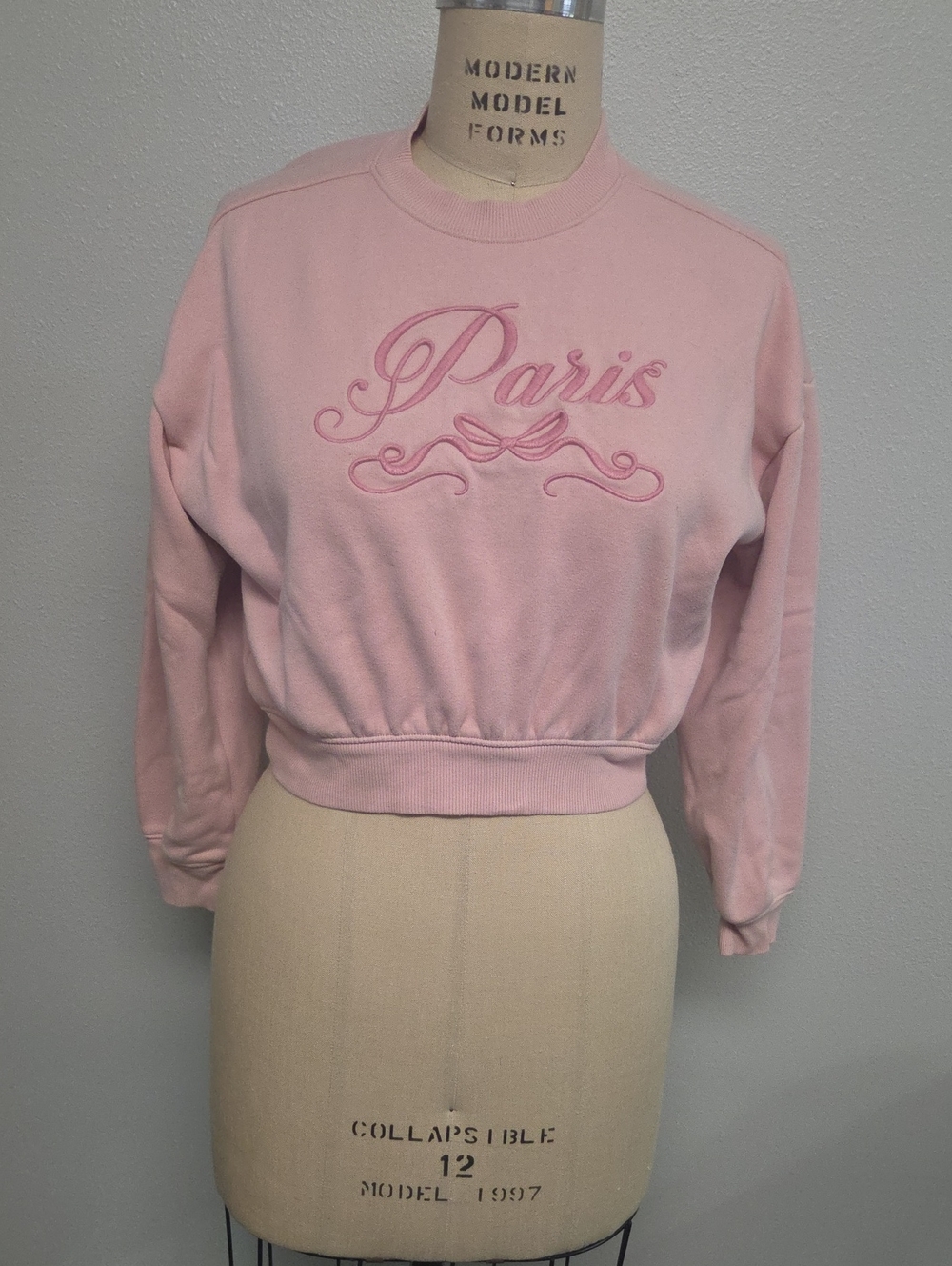 Place Pink Cropped 'Paris' Embroidered Sweatshirt - Women